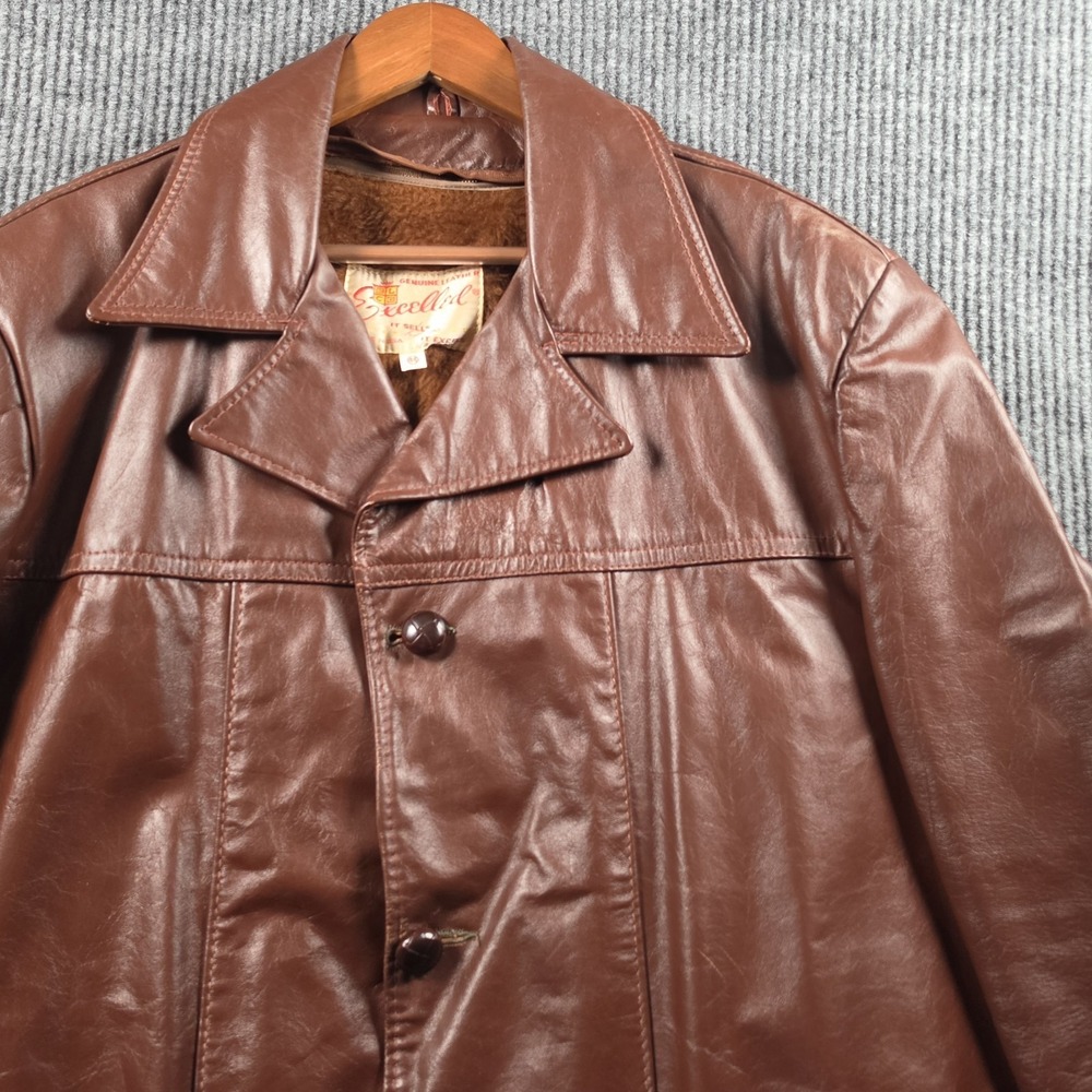 Vintage 70s Excelled Brown Leather Sherpa Lined Car Coat Jacket Mens 44 L XL USA